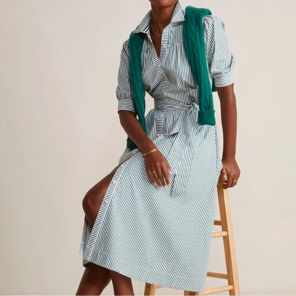 NWT👗 Puff Sleeve Midi Shirtdress👗Green & White Vertical Stripes - Picture 4 of 7